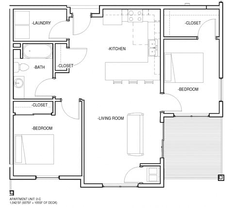 Floor plan for 2 beds, 1 bath, 1042 sqft